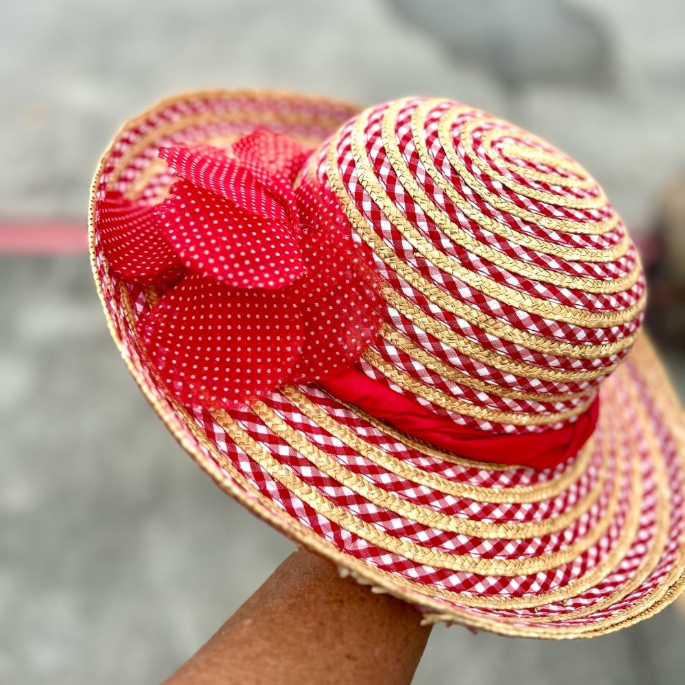 August Red & White Gingham Straw Brimmed Vintage Hat